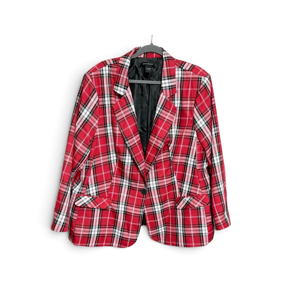 Ashley Stewart Red Plaid Single Button Blazer Plus Size 24 Notched Lapel Pockets